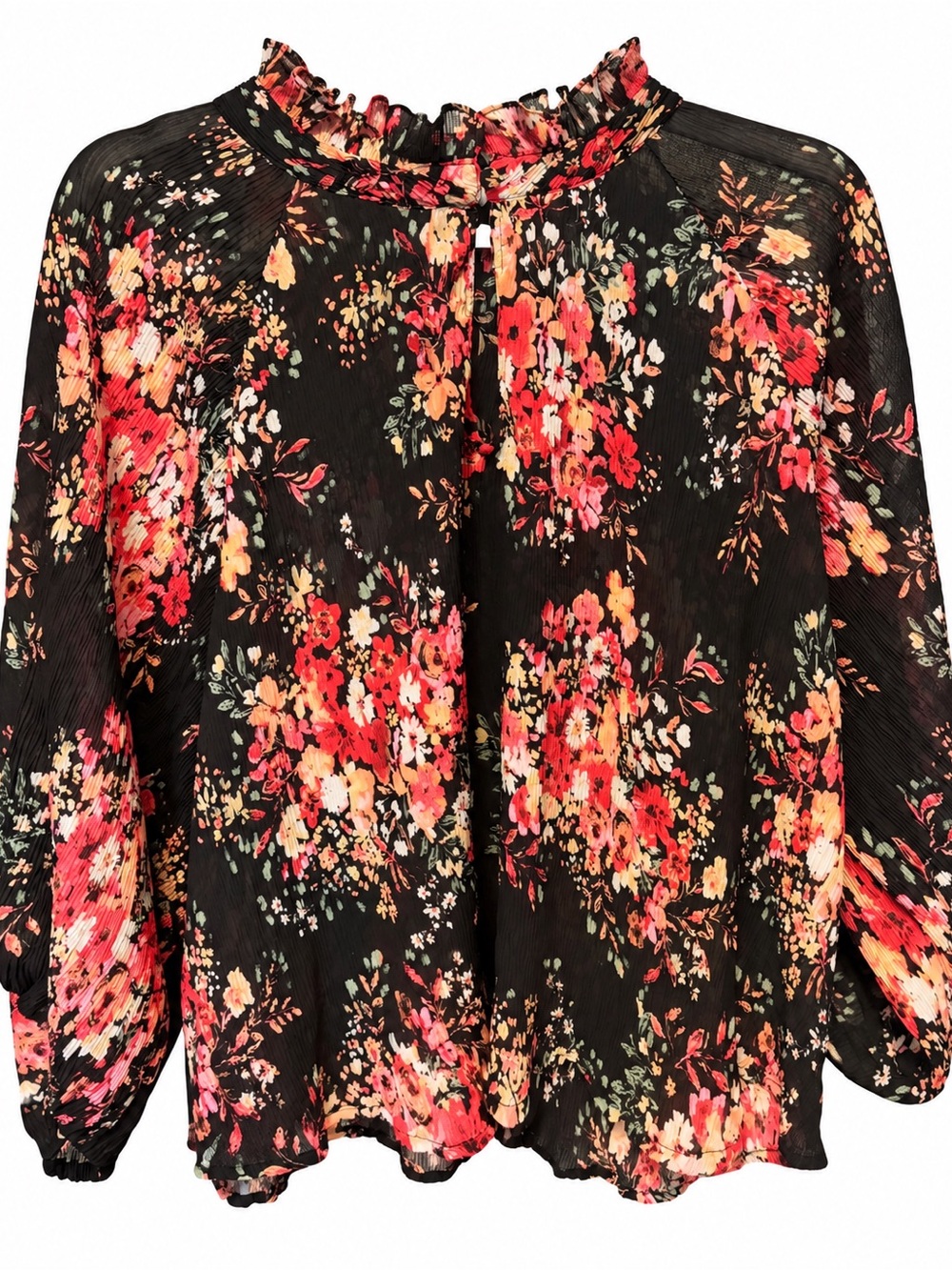 Counterparts Black Floral Ruffle-Neck Blouse with Red & Pink Blooms-XL NWOT